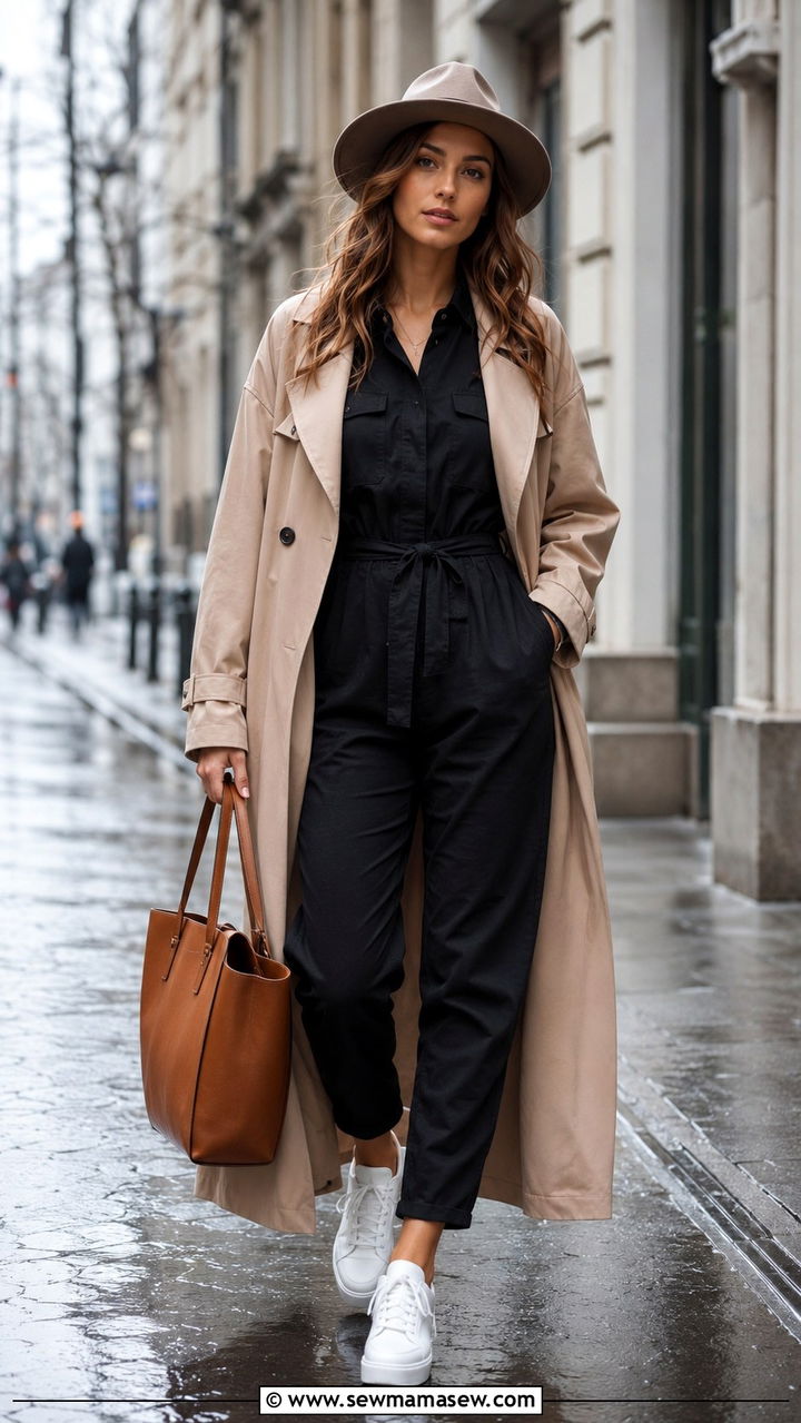 Cute Rainy Day Jumpsuit With Trench Coat - 30 cute rainy day outfits