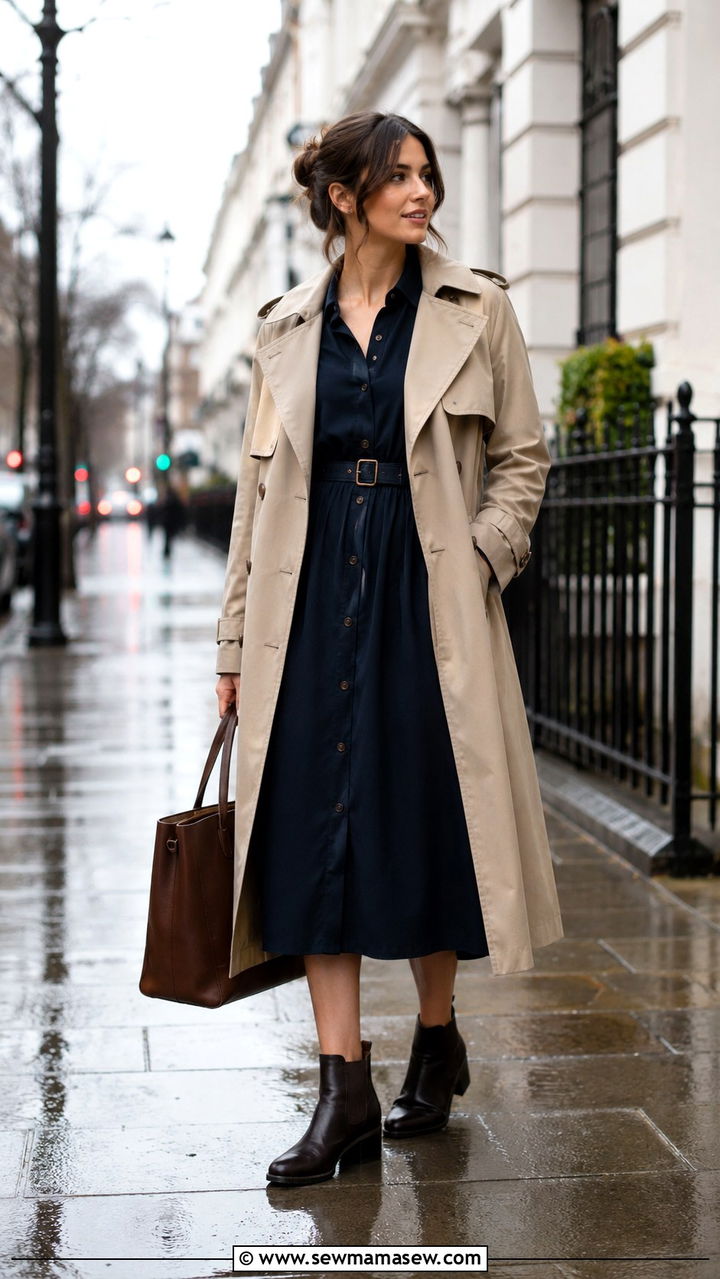 Cute Rainy Day Midi Shirt Dress With Ankle Boots - 30 cute rainy day outfits