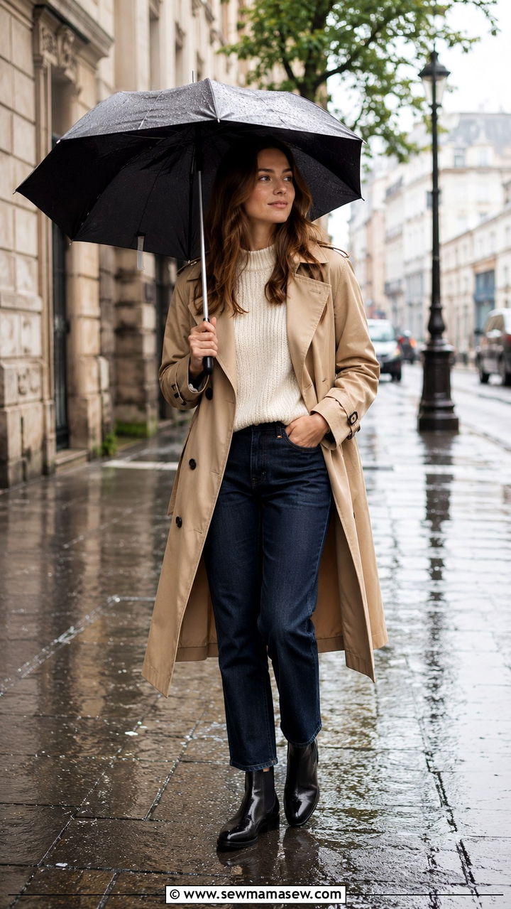 Cute Rainy Day Trench Coat With Jeans Outfit - 30 cute rainy day outfits