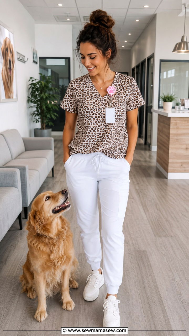 Cute badge reel with animal print scrubs - 25 Vet tech outfit ideas