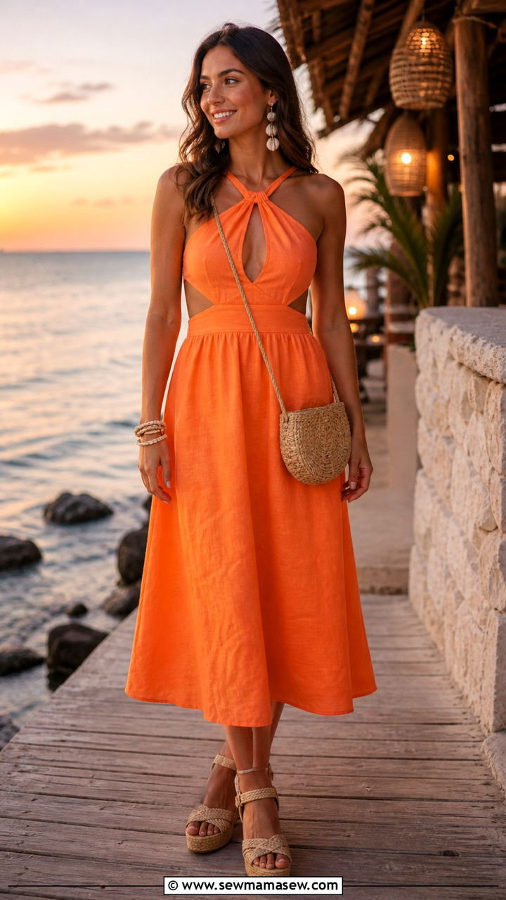 Cutout Dress With Raffia Bag And Woven Wedge Sandals - 40 Cutout dress outfit ideas