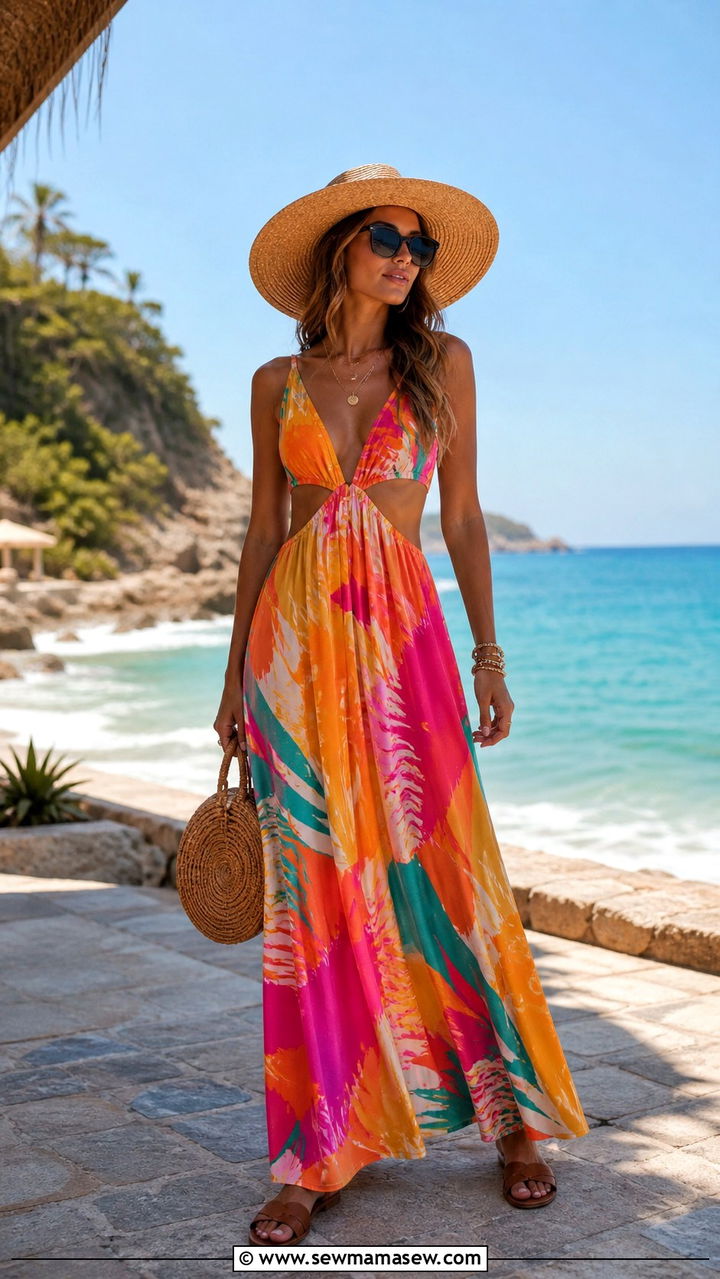 Cutout Maxi Dress With Flat Sandals For Beach Vacation - 40 Cutout dress outfit ideas