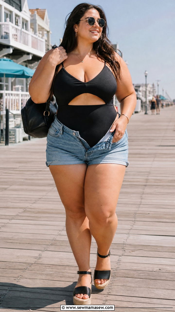 Cutout One Piece With High Waisted Shorts - 30 Plus size swimsuit outfit ideas