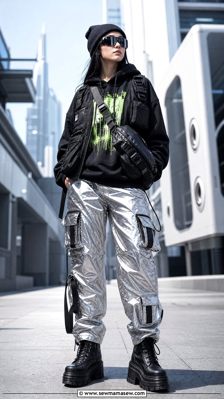 Cyber Grunge With Reflective Cargo Pants - 25 Grunge outfit ideas 2026