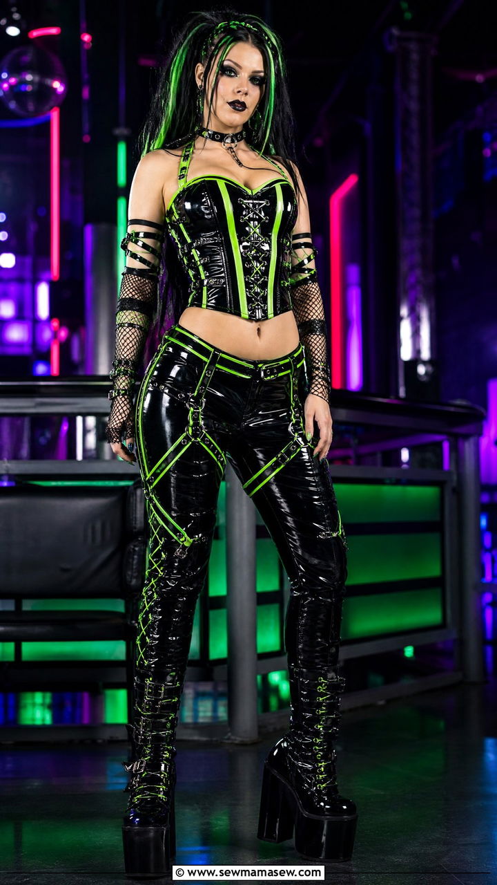 Cyber goth black vinyl corset with neon green webbing and platform boots - 40 Gothic outfit ideas