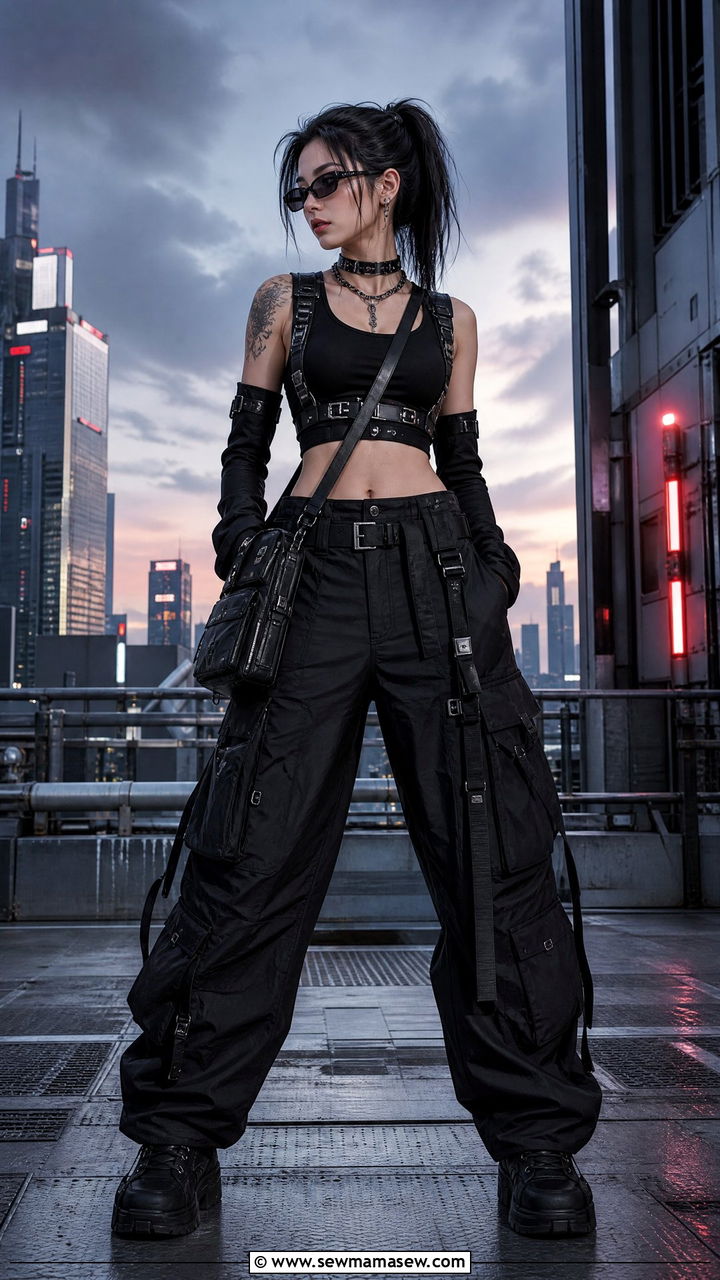Cyberpunk Harness And Wide Leg Cargo Pants - 30 EDM concert outfit ideas