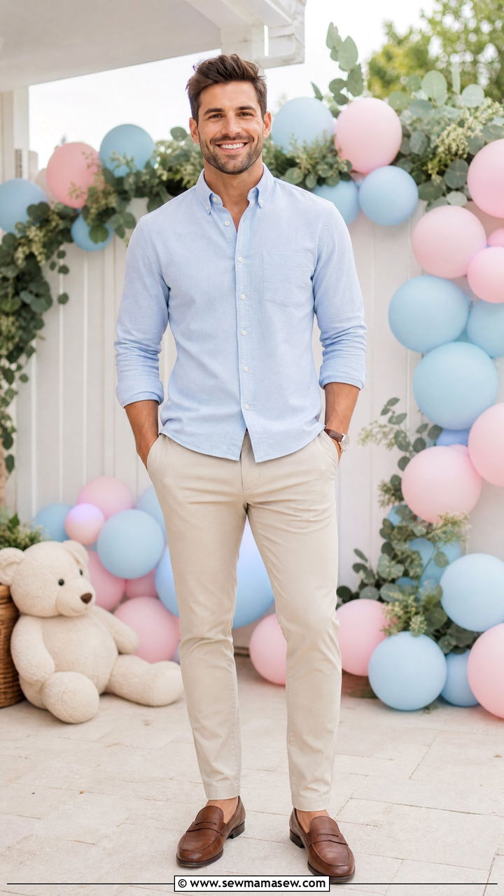 Dad Chinos and Button Down With Leather Loafers - 25 Gender reveal photo outfit ideas 2026