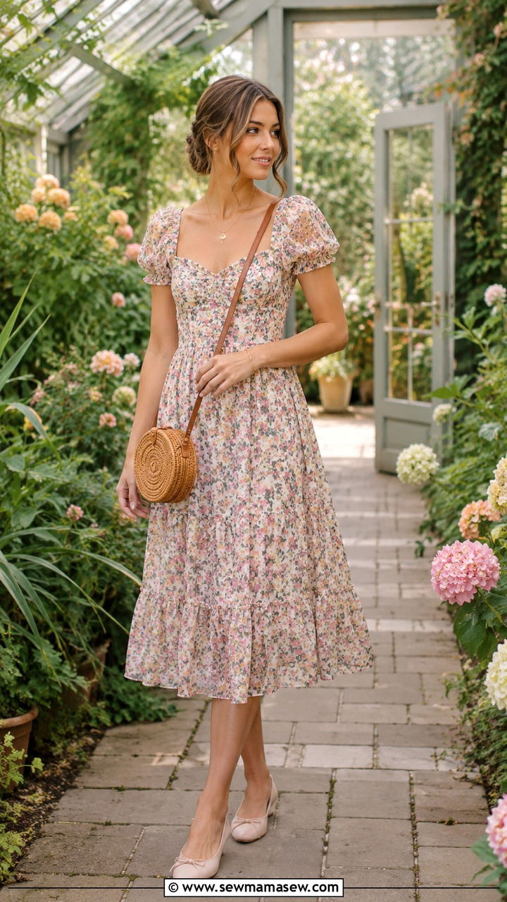 Dainty floral midi dress with ballet flats - 30 Romantic summer outfit ideas