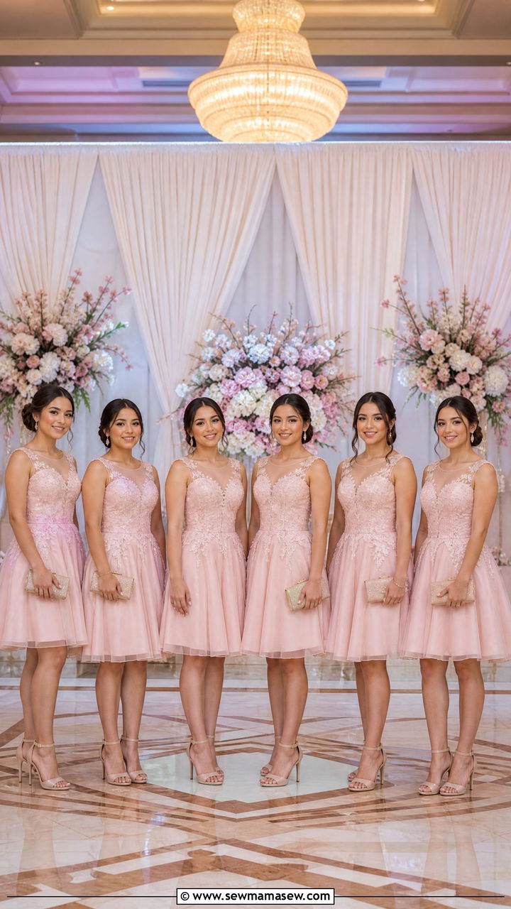 Dama dress outfit with coordinated court look - 25 Quinceanera outfit ideas