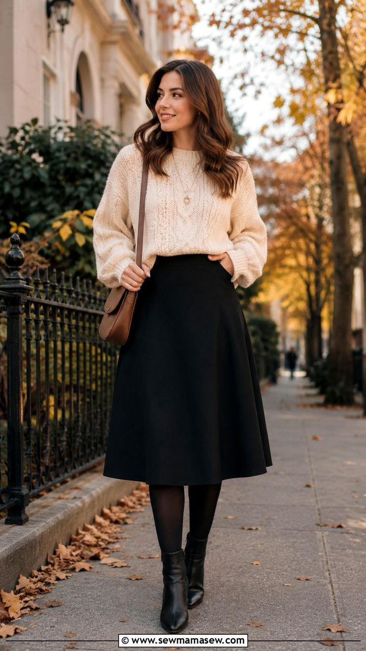 Dark A Line Skirt with Chunky Knit Sweater - 25 Outfits to minimize hips