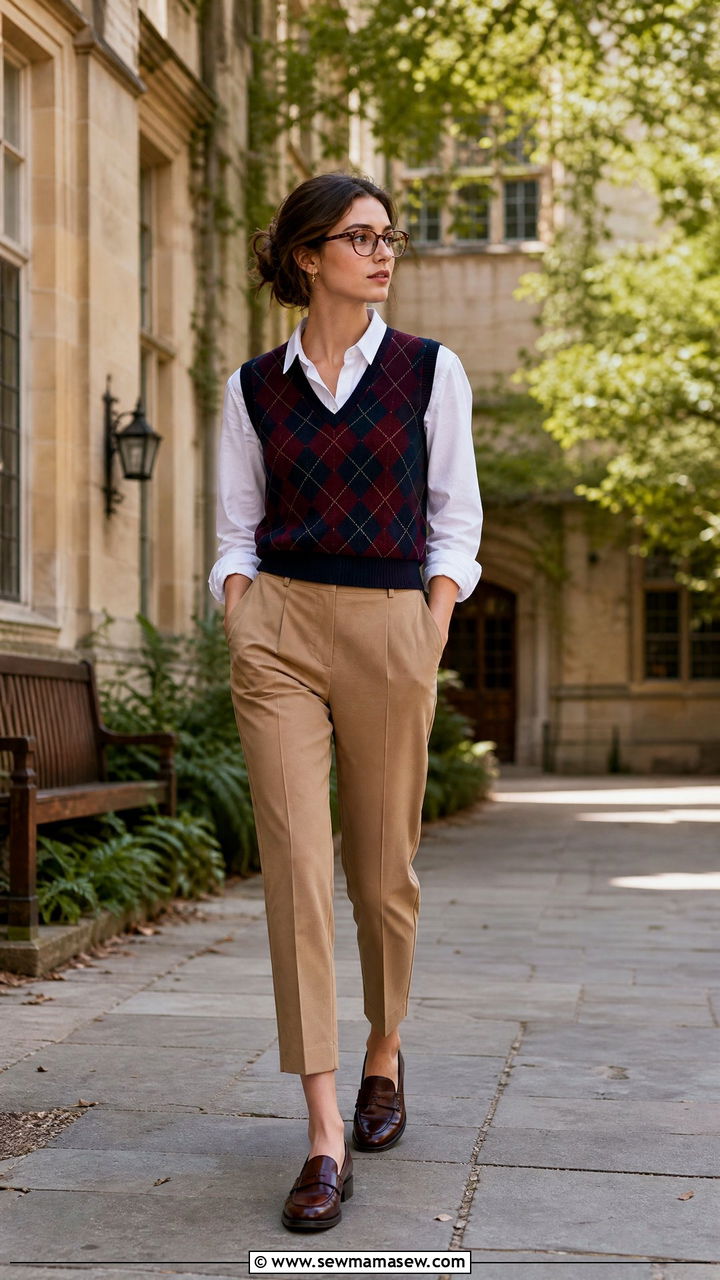 Dark Academia Argyle Sweater Vest and Cropped Trousers Outfit - 25 casual dark academia outfits