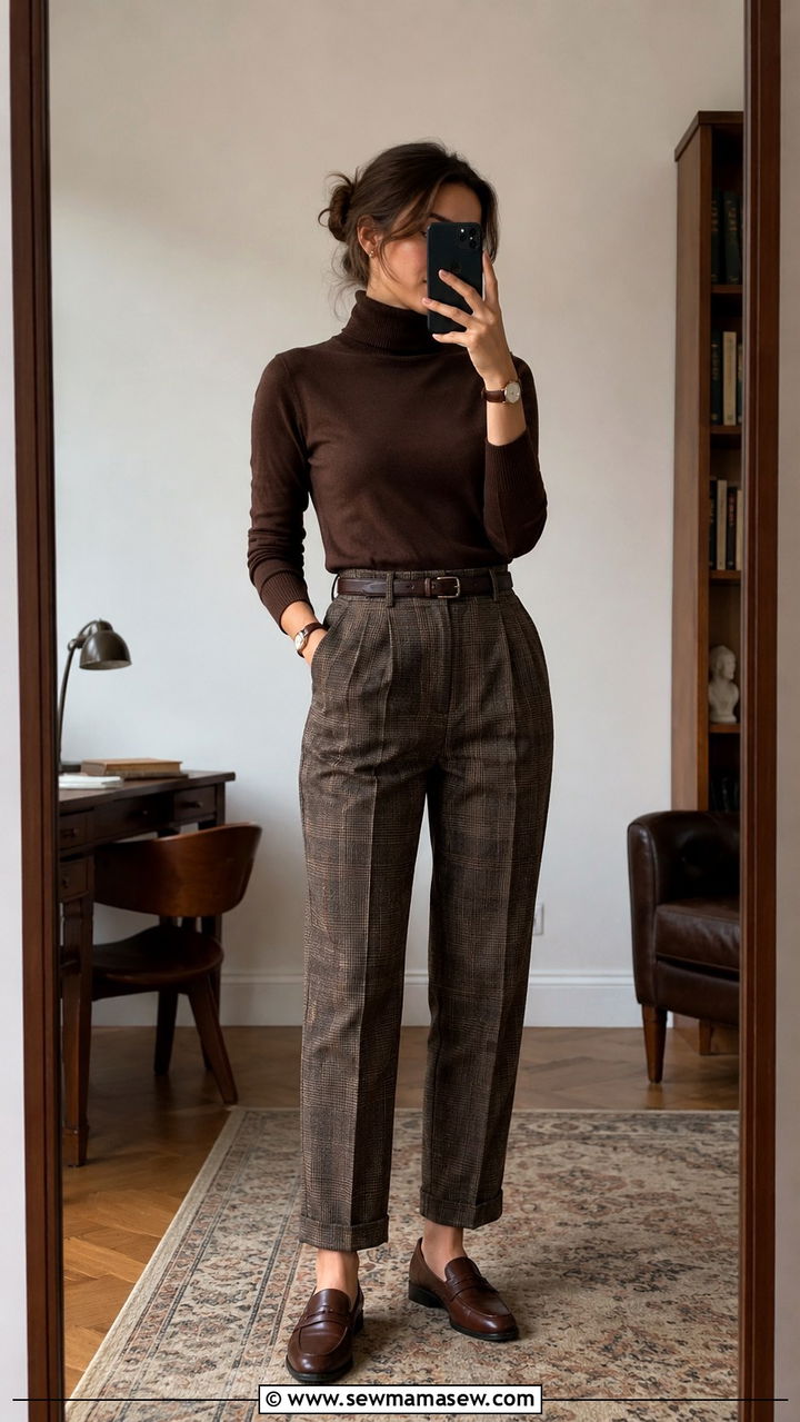 Dark Academia Brown Turtleneck and Plaid Trousers - 30 dark academia outfits for women