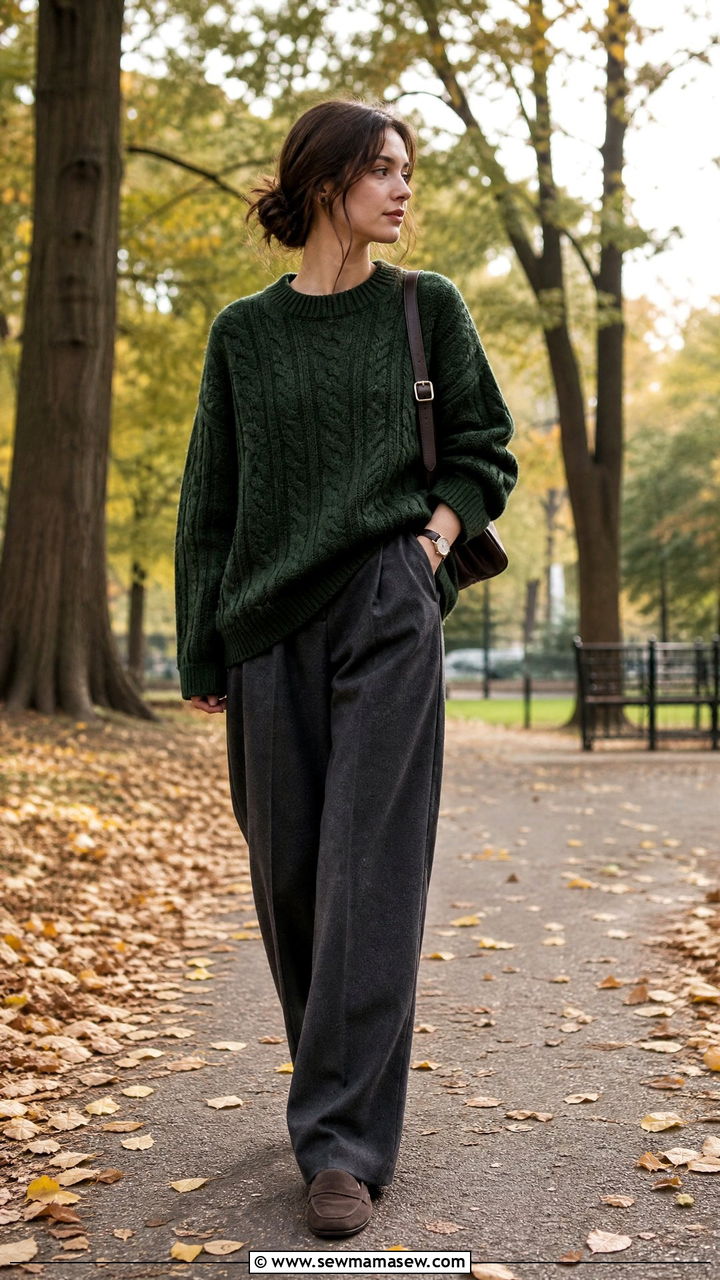 Dark Academia Cable Knit Sweater With Wide Leg Trousers - 25 casual dark academia outfits