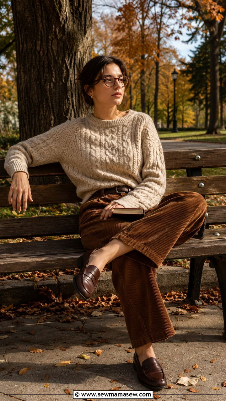 Dark Academia Cable Knit Sweater and Corduroy Pants - 30 dark academia outfits for women