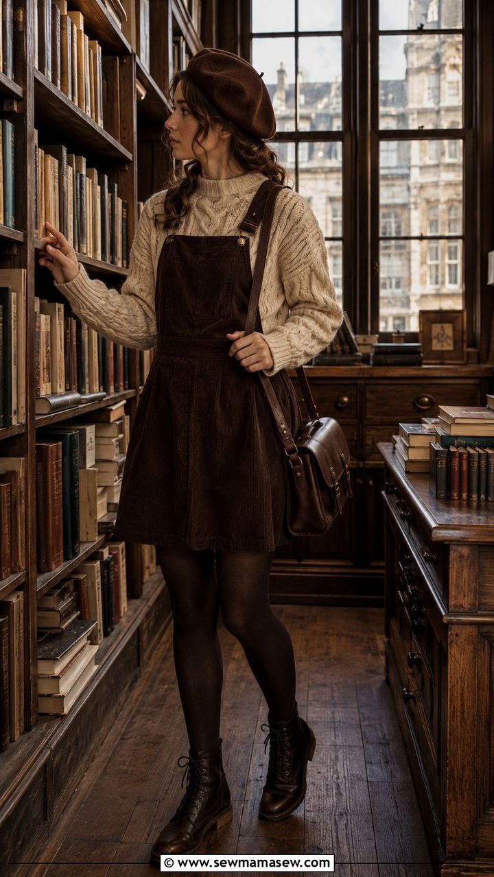 Dark Academia Cable Knit Sweater with Corduroy Pinafore - 30 dark academia outfits for women