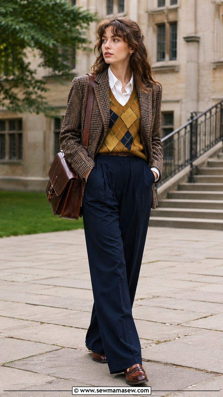 Dark Academia Checkered Blazer and Argyle Vest - 30 dark academia outfits for women