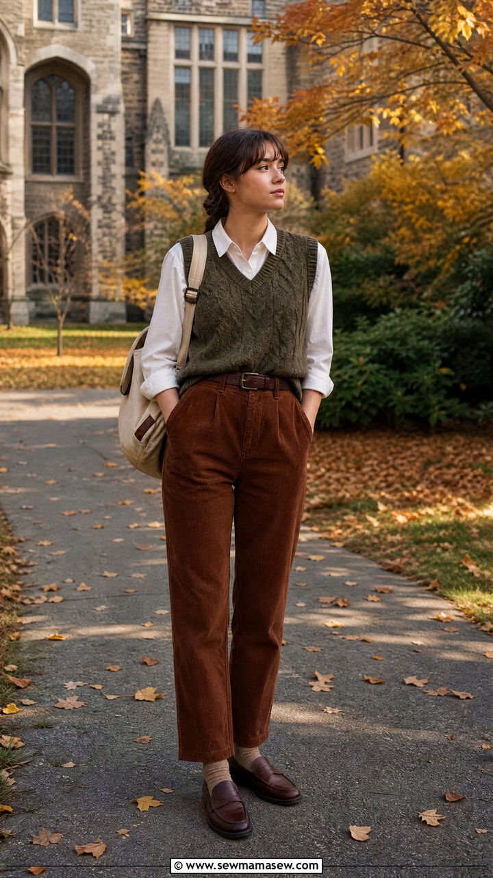 Dark Academia Corduroy Pants and Sweater Vest Outfit - 25 casual dark academia outfits