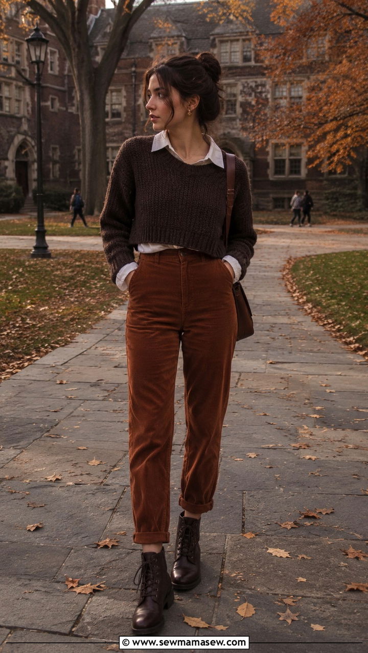Dark Academia Cropped Sweater and Corduroy Pants - 30 dark academia outfits for women