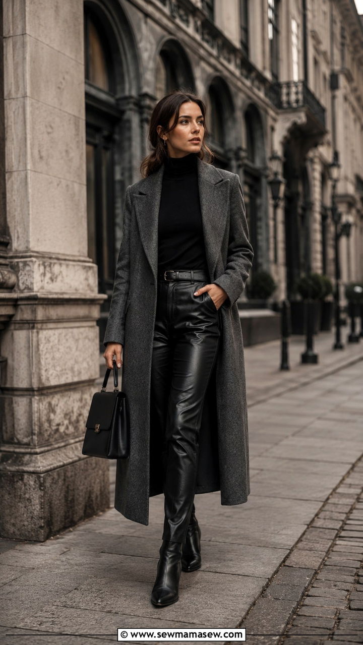 Dark Academia Gray Overcoat with Leather Pants - 30 dark academia outfits for women
