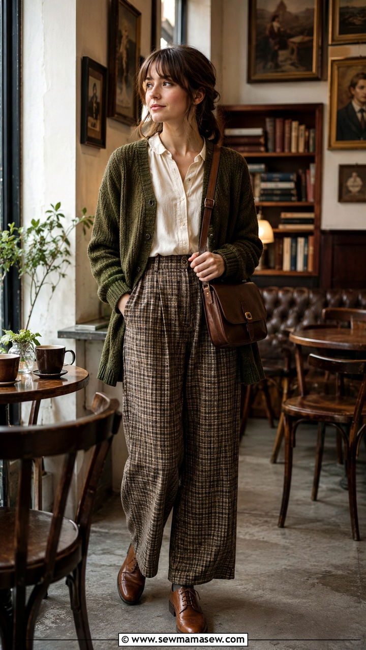 Dark Academia Knit Cardigan with Plaid Trousers - 30 dark academia outfits for women
