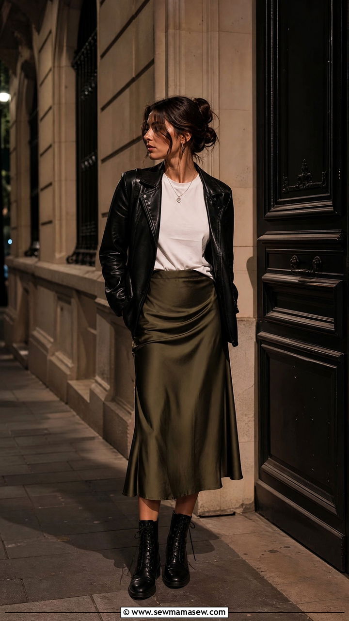 Dark Academia Leather Jacket and Satin Midi Skirt Outfit - 25 casual dark academia outfits