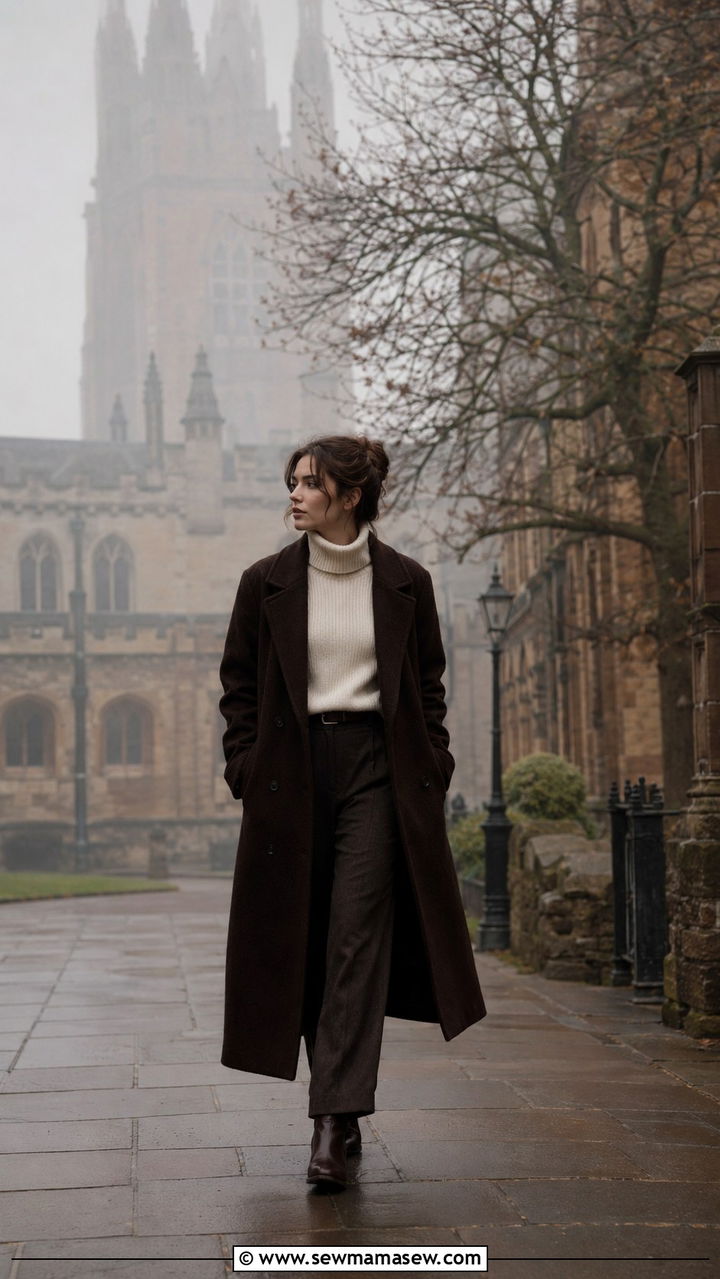 Dark Academia Long Brown Coat and Turtleneck - 30 dark academia outfits for women