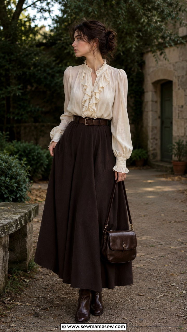 Dark Academia Long Skirt with Ruffled Blouse - 30 dark academia outfits for women