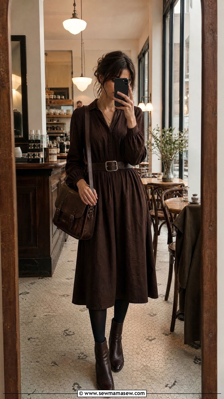 Dark Academia Midi Dress With Leather Belt and Ankle Boots - 25 casual dark academia outfits
