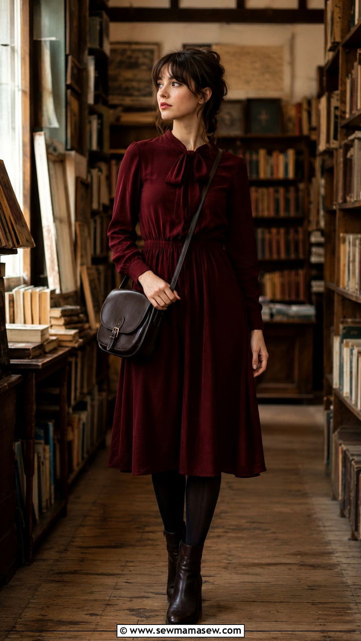 Dark Academia Midi Dress with Long Sleeves - 30 dark academia outfits for women