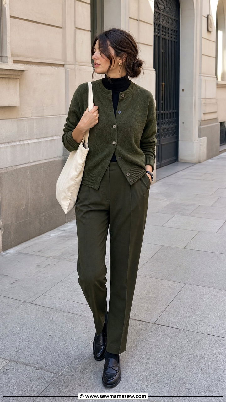 Dark Academia Olive Cardigan and Matching Trousers Outfit - 25 casual dark academia outfits