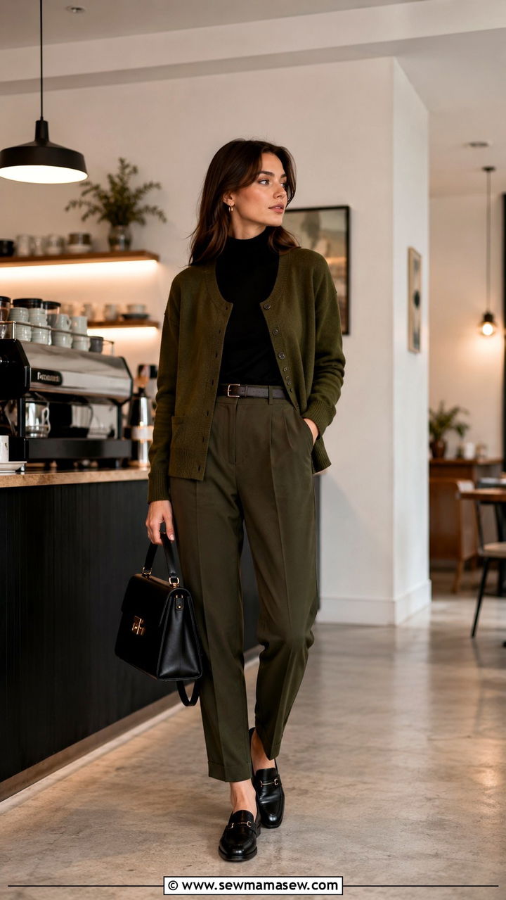 Dark Academia Olive Cardigan and Matching Trousers - 30 dark academia outfits for women