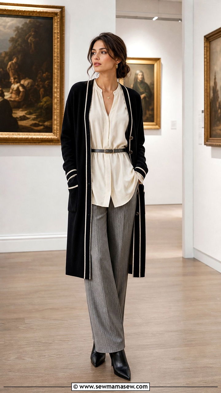 Dark Academia Outfit Black Cardigan Cream Tunic Pinstripe Trousers - 25 dark academia outfits 2026