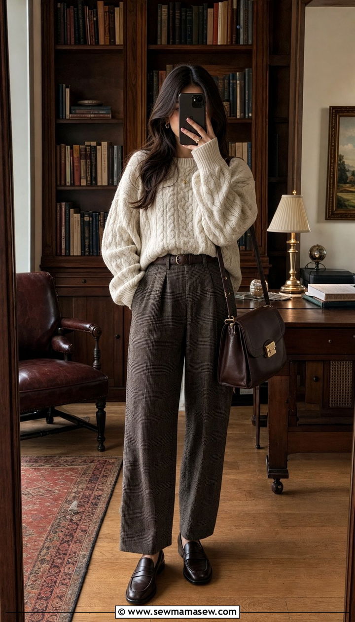 Dark Academia Outfit Cable Knit Sweater Plaid Trousers - 25 dark academia outfits 2026