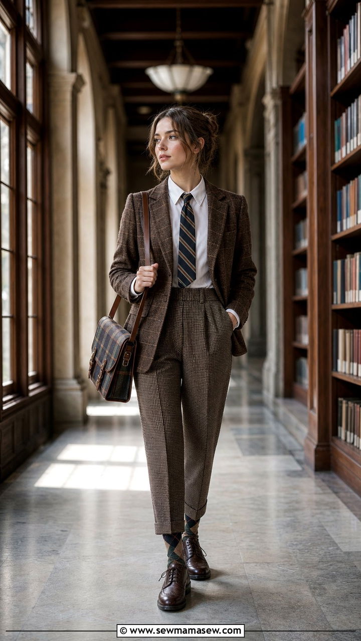 Dark Academia Outfit Check Blazer White Button Down Houndstooth Trousers - 25 dark academia outfits 2026