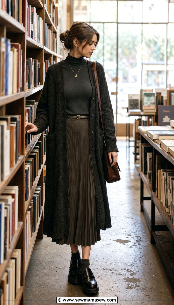 Dark Academia Outfit Long Cardigan Pleated Midi Skirt Loafers - 25 dark academia outfits 2026