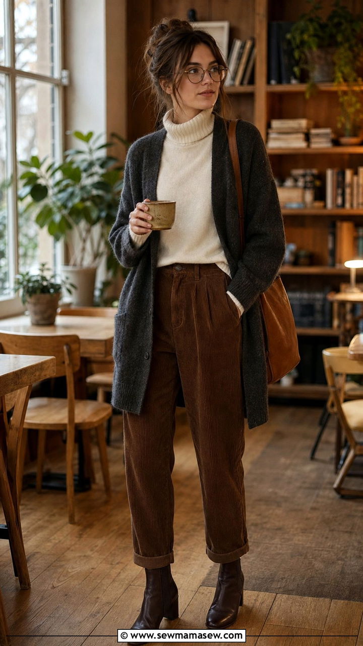 Dark Academia Outfit Oversized Cardigan Turtleneck Corduroy Pants - 25 dark academia outfits 2026