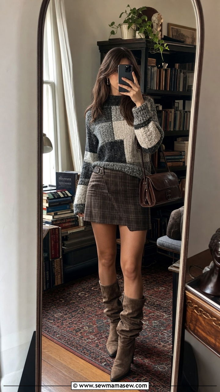 Dark Academia Outfit Patchwork Knit Sweater Plaid Wrap Skirt - 25 dark academia outfits 2026