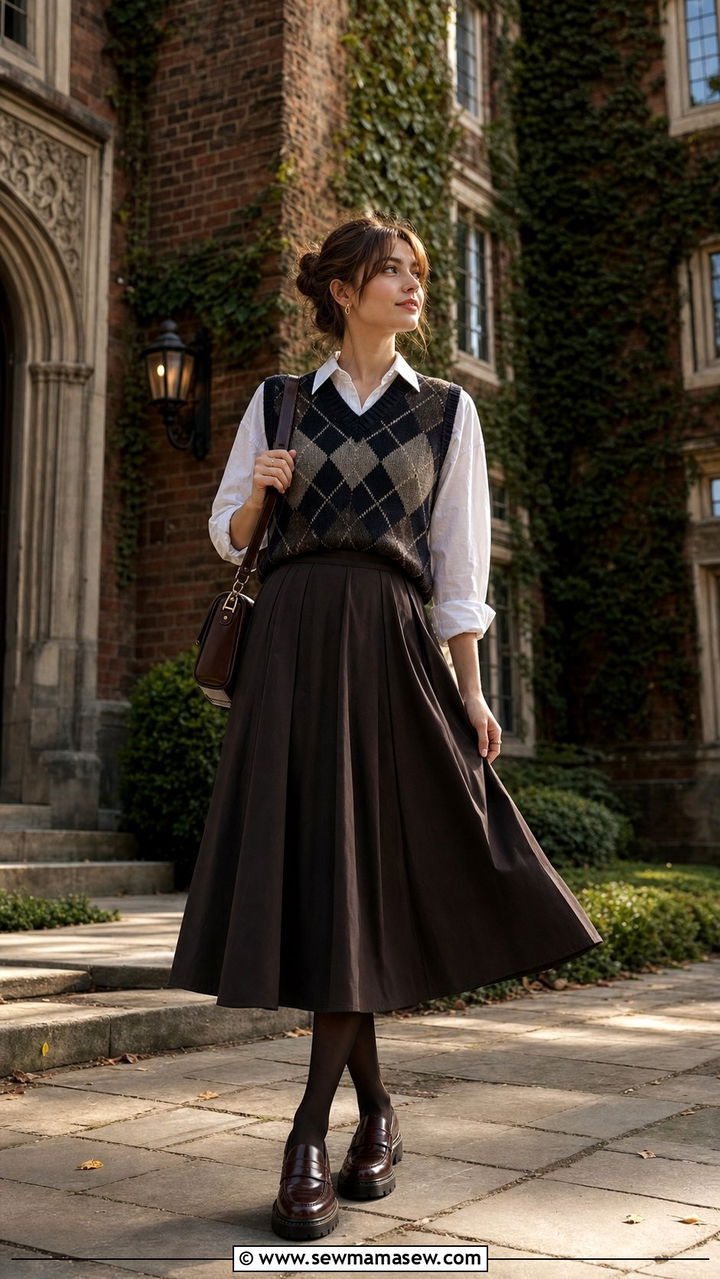 Dark Academia Outfit Sweater Vest Collared Shirt Midi Skirt - 25 dark academia outfits 2026