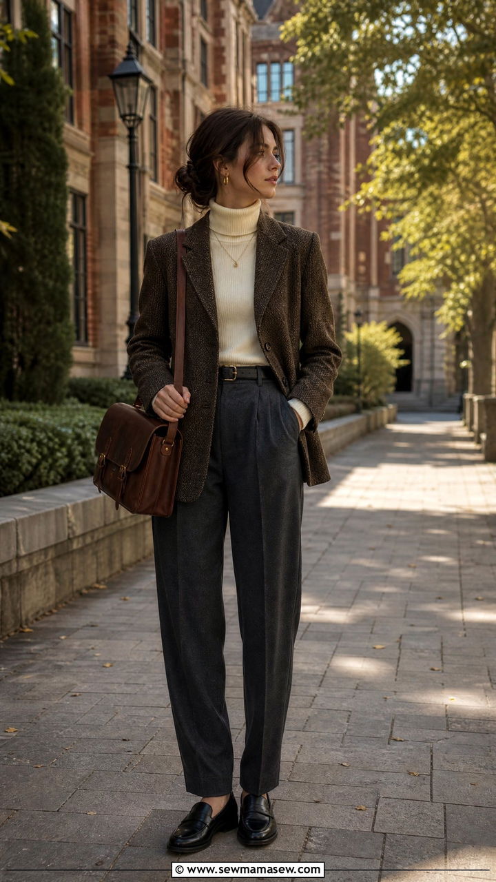 Dark Academia Outfit With Tweed Blazer And Loafers - 25 PhD student outfit ideas
