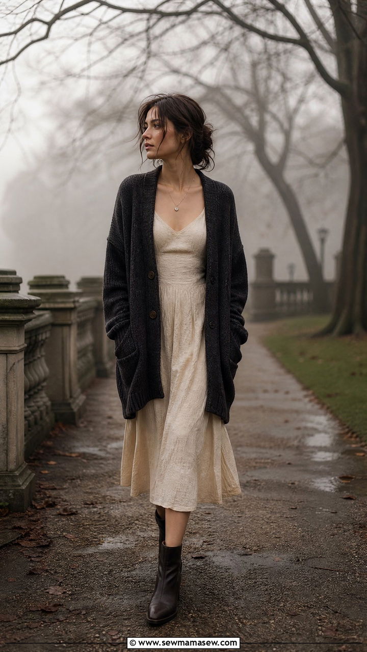 Dark Academia Oversized Cardigan With Midi Dress Outfit - 25 casual dark academia outfits