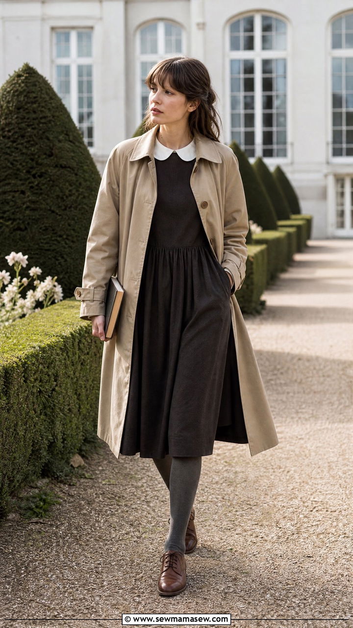 Dark Academia Peter Pan Collar Dress With Trench Coat Outfit - 25 casual dark academia outfits