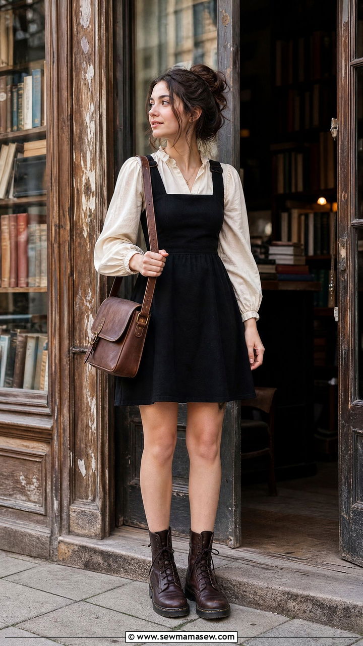 Dark Academia Pinafore Dress Over Puff Sleeve Blouse Outfit - 25 casual dark academia outfits