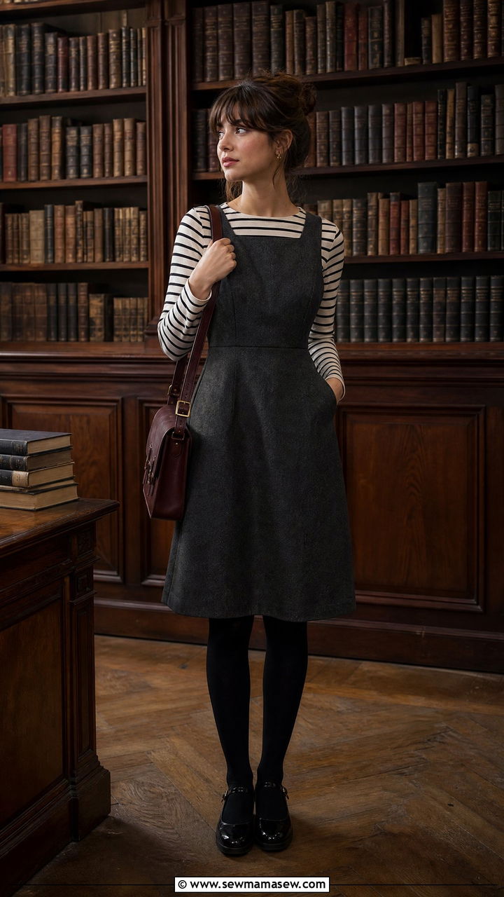 Dark Academia Pinafore Dress With Striped Top and Mary Janes - 25 casual dark academia outfits