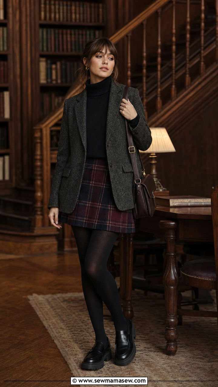 Dark Academia Plaid Blazer and Turtleneck Sweater Outfit - 25 cute outfits aesthetic
