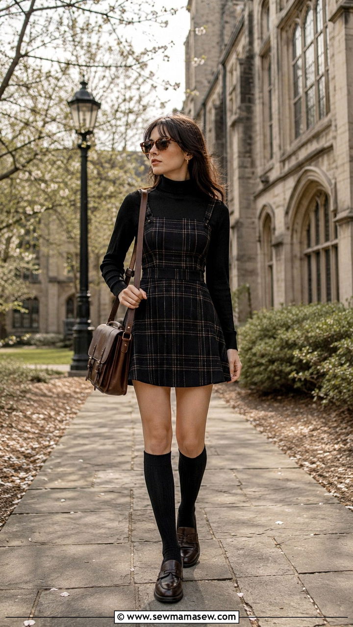 Dark Academia Plaid Dress with Loafers - 30 Mysterious spring outfit ideas