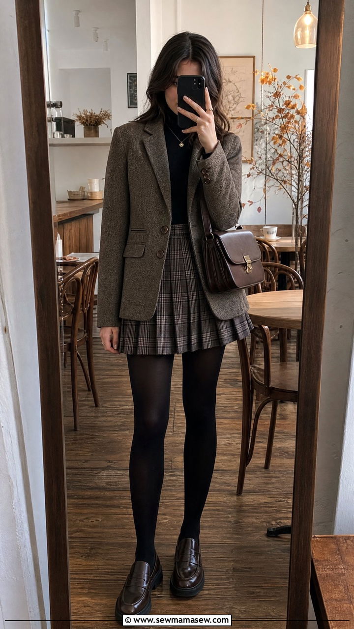 Dark Academia Plaid Skirt Turtleneck and Blazer Outfit - 25 casual dark academia outfits