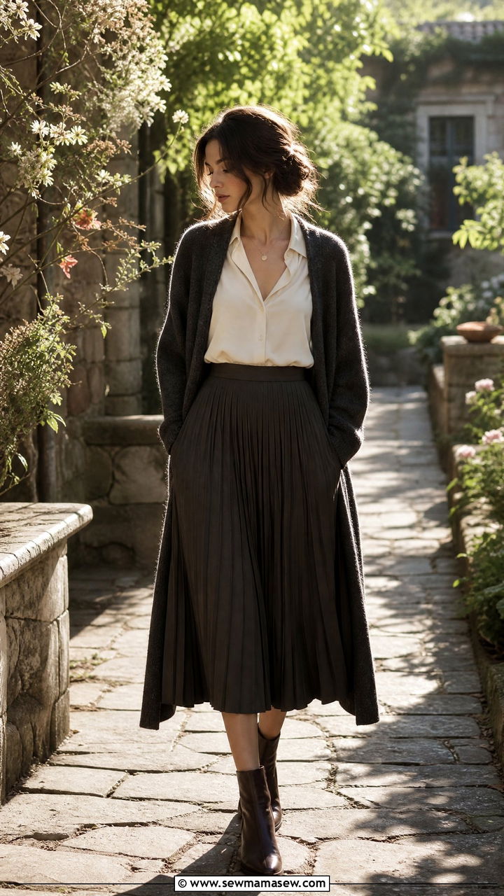 Dark Academia Pleated Skirt Blouse and Cardigan Outfit - 25 casual dark academia outfits