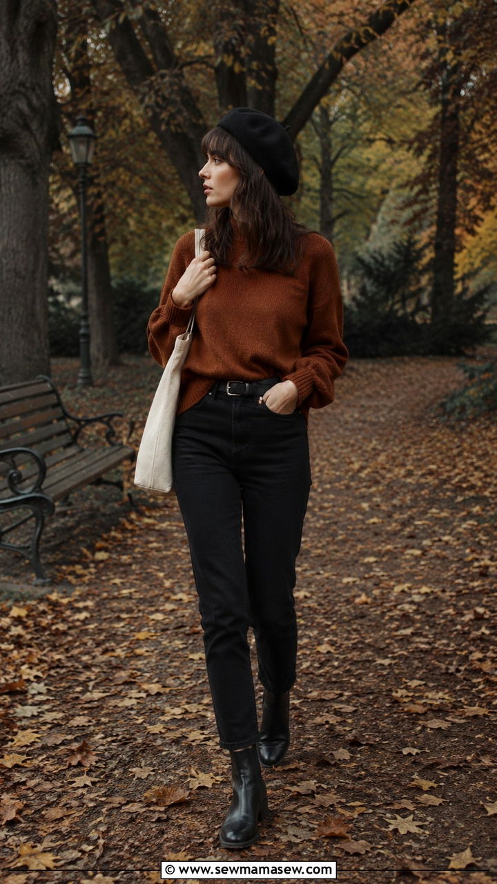 Dark Academia Rust Sweater and Black Jeans - 30 dark academia outfits for women