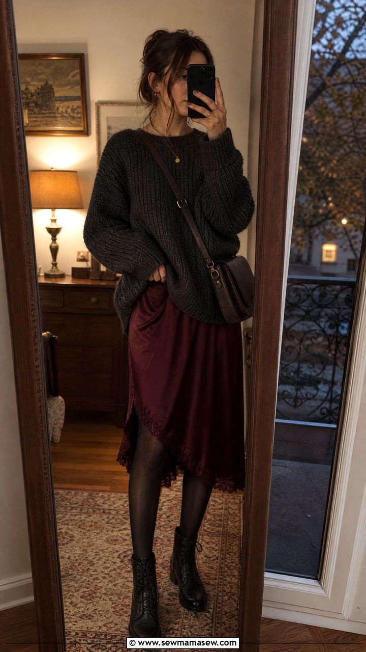 Dark Academia Slip Dress and Chunky Knit Sweater Outfit - 25 casual dark academia outfits