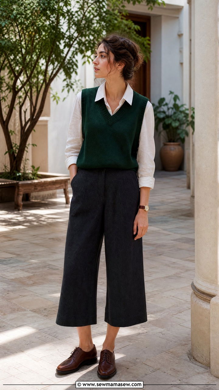 Dark Academia Sweater Vest Collared Shirt and Culottes Outfit - 25 casual dark academia outfits